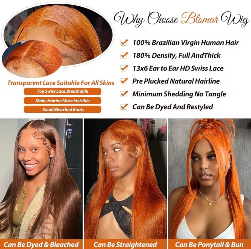 Ginger Wig Human Hair Straight 13X6 Lace Front Human Hair Wigs Pre Plucked 350# Colored HD Lace Frontal Wig Human Hair For Women