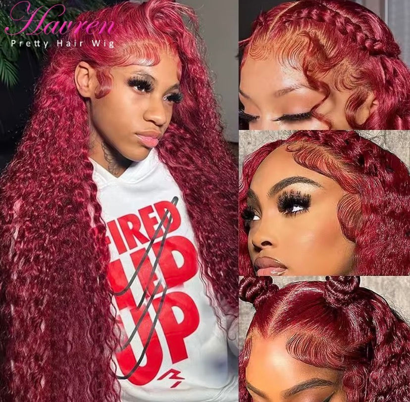 99J Burgundy Lace Front Wigs Human Hair 13x6 Deep Wave HD Lace Frontal Wigs Pre Plucked Human Hair Curly Wigs for Women 36 Inch