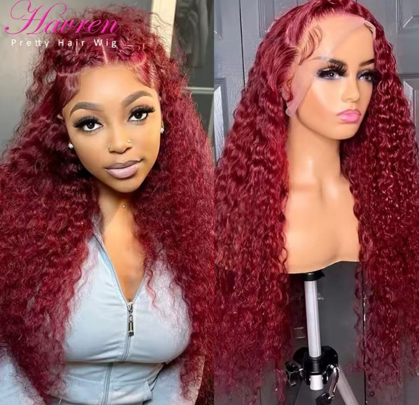 99J Burgundy Lace Front Wigs Human Hair 13x6 Deep Wave HD Lace Frontal Wigs Pre Plucked Human Hair Curly Wigs for Women 36 Inch