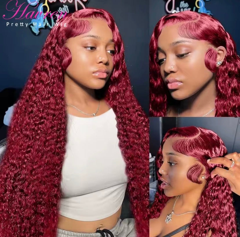 99J Burgundy Lace Front Wigs Human Hair 13x6 Deep Wave HD Lace Frontal Wigs Pre Plucked Human Hair Curly Wigs for Women 36 Inch