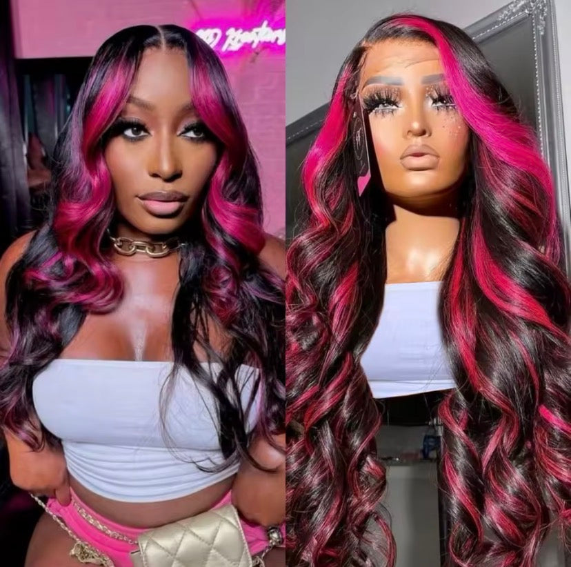 Ombre 1B/Pink 13x6 Lace Frontal Wig Human Hair 230% Body Wave Stripe Highlight Dark Purple Curly 13x4 Lace Front Wigs For Women