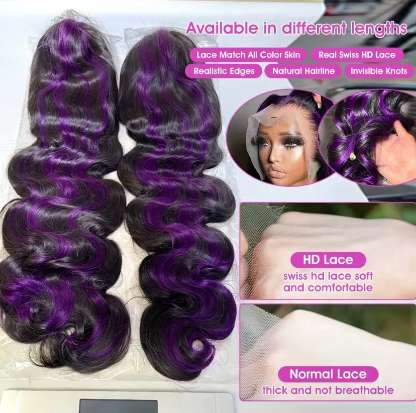 Ombre 1B/Pink 13x6 Lace Frontal Wig Human Hair 230% Body Wave Stripe Highlight Dark Purple Curly 13x4 Lace Front Wigs For Women