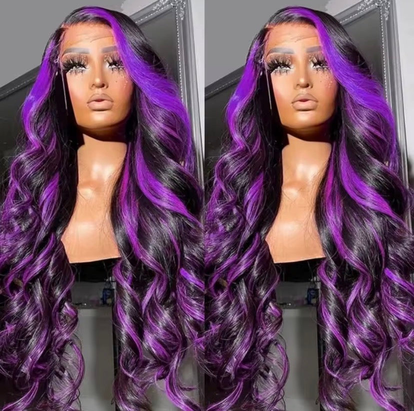 Ombre 1B/Pink 13x6 Lace Frontal Wig Human Hair 230% Body Wave Stripe Highlight Dark Purple Curly 13x4 Lace Front Wigs For Women
