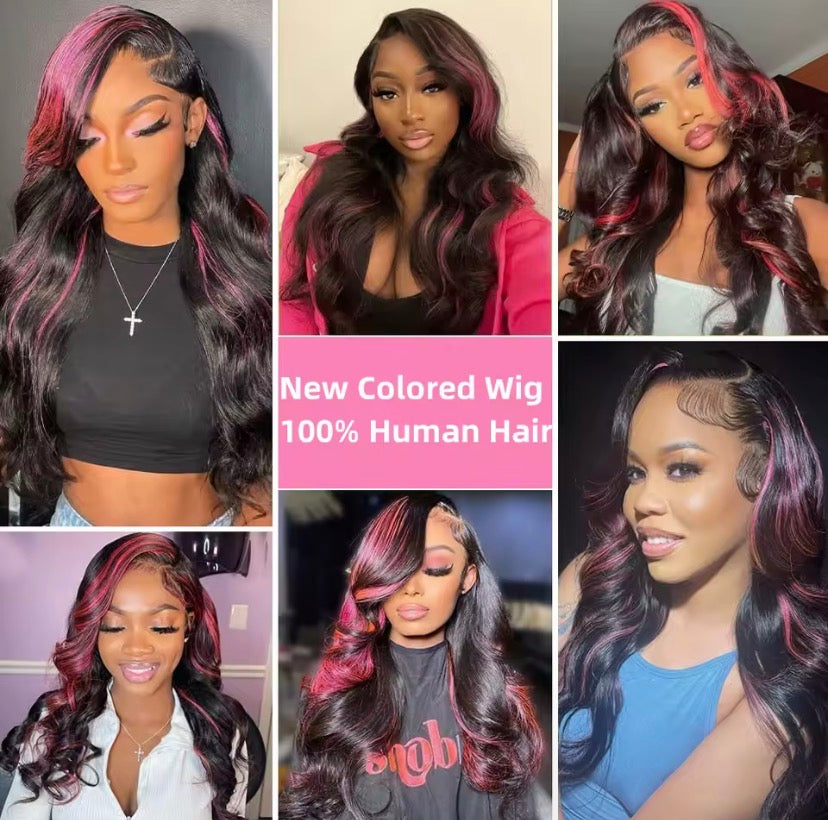 Ombre 1B/Pink 13x6 Lace Frontal Wig Human Hair 230% Body Wave Stripe Highlight Dark Purple Curly 13x4 Lace Front Wigs For Women