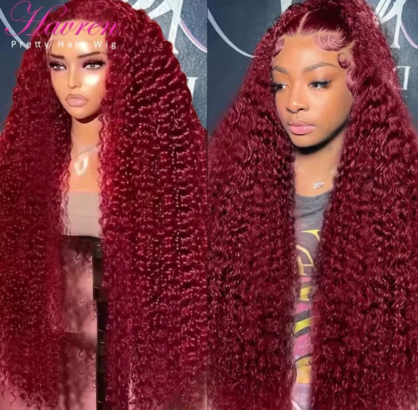 99J Burgundy Lace Front Wigs Human Hair 13x6 Deep Wave HD Lace Frontal Wigs Pre Plucked Human Hair Curly Wigs for Women 36 Inch