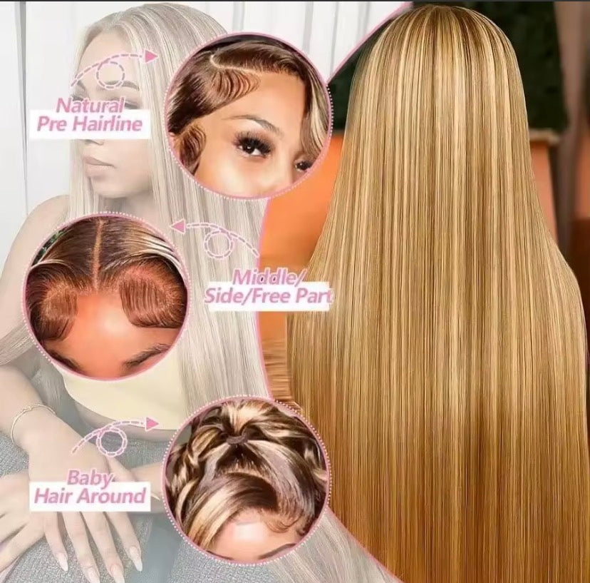 200% P4/27 Highlight Bone Straight Human Hair 13x4 HD Transparent Lace Frontal Wigs Brazilian Pre Plucked With Baby Hair