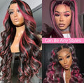 Ombre 1B/Pink 13x6 Lace Frontal Wig Human Hair 230% Body Wave Stripe Highlight Dark Purple Curly 13x4 Lace Front Wigs For Women