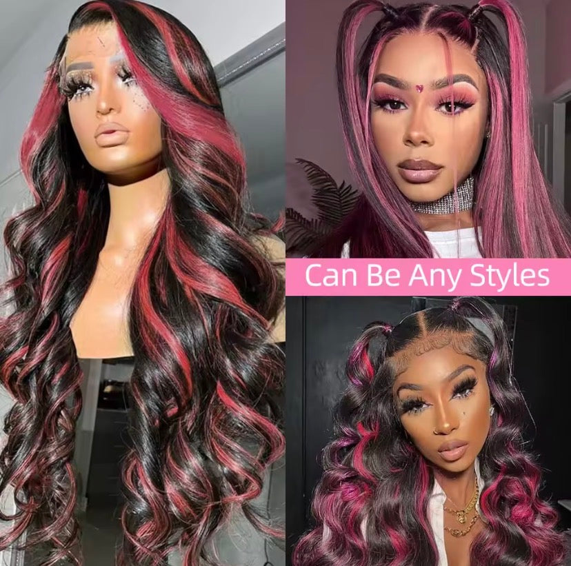 Ombre 1B/Pink 13x6 Lace Frontal Wig Human Hair 230% Body Wave Stripe Highlight Dark Purple Curly 13x4 Lace Front Wigs For Women