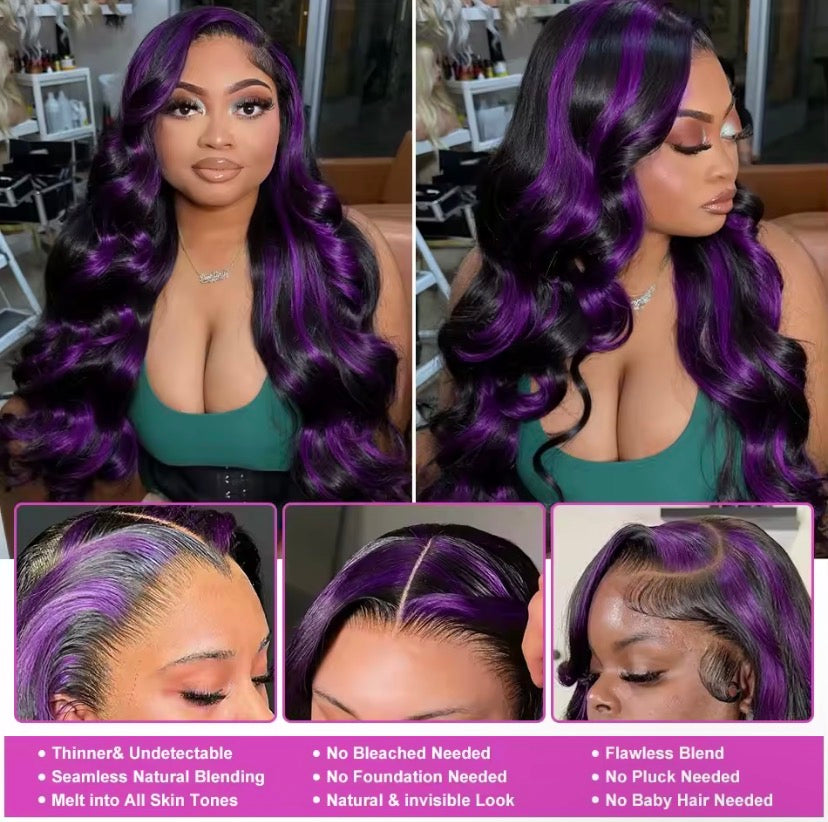 Ombre 1B/Pink 13x6 Lace Frontal Wig Human Hair 230% Body Wave Stripe Highlight Dark Purple Curly 13x4 Lace Front Wigs For Women