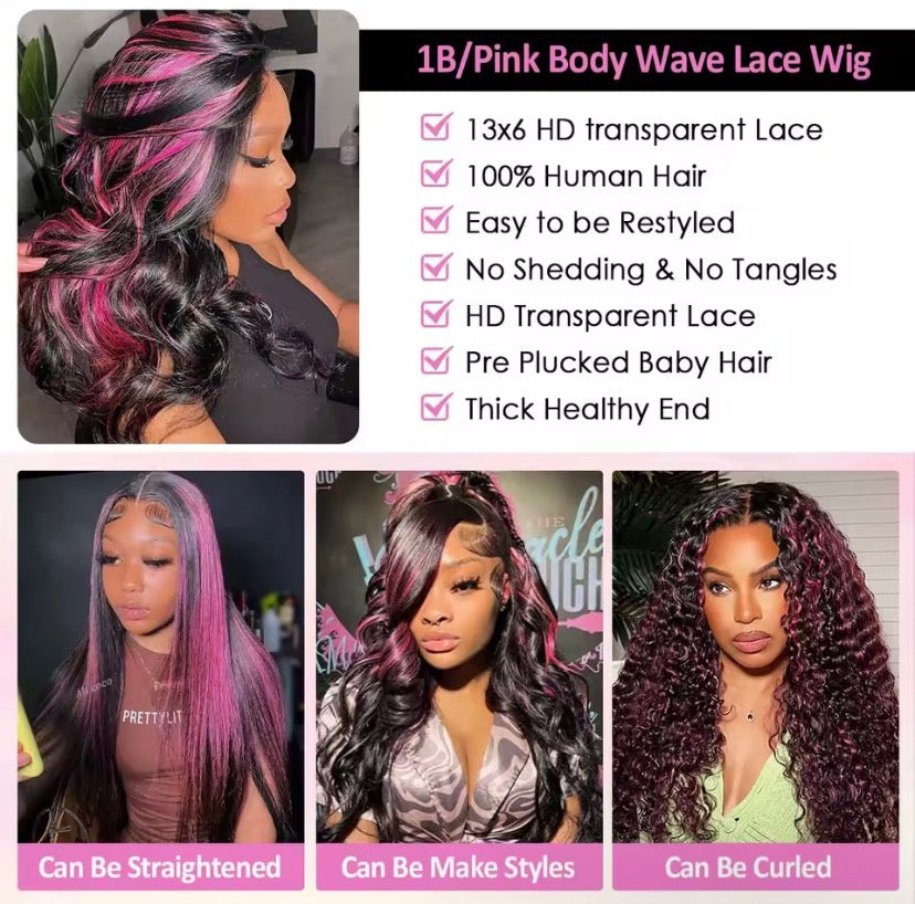 Ombre 1B/Pink 13x6 Lace Frontal Wig Human Hair 230% Body Wave Stripe Highlight Dark Purple Curly 13x4 Lace Front Wigs For Women
